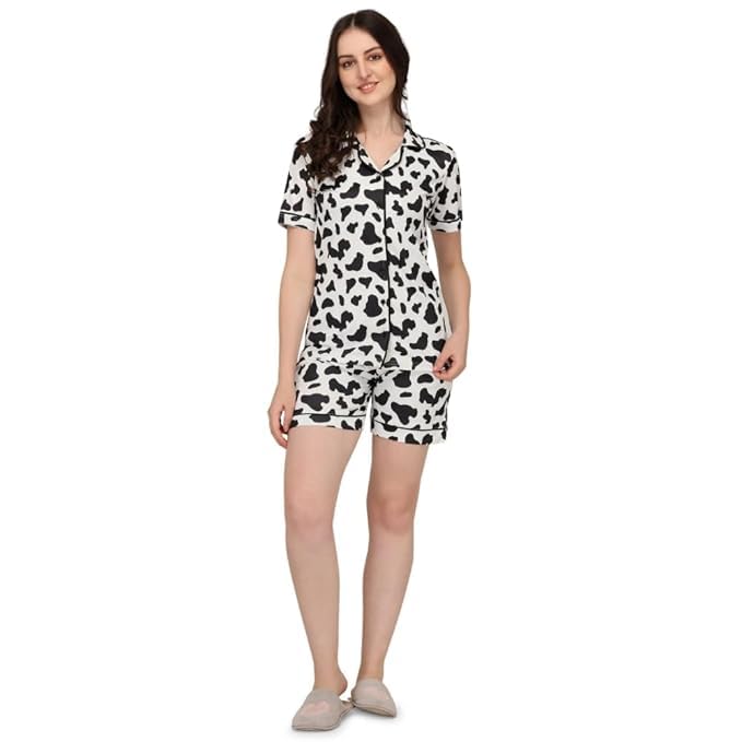Mickey & Minnie Mouse Print Short Pajama Set for Women (Cow, M)