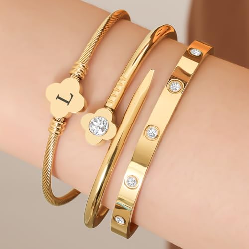 14K Gold Plated Personalized Flower Bracelet Set with Initial Charm Trendy Stackable Jewelry for Women2