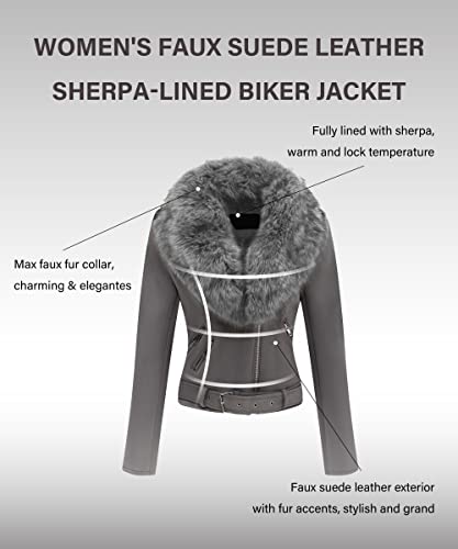 image for Bellivera Women Faux Suede Leather Jacket Moto Biker Fleece-Lined Coat