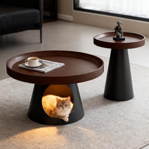 GCXNSKDQN Round Coffee Table,Mid-Century Solid Wood Tabletop, Metal Legs | 2-in-1 Pet Nest Side Table, Easy Assembly for Living Room Balcony Apartment(Black,19.7in+31.5in)