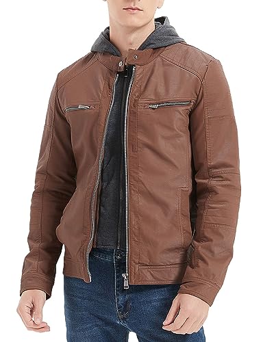 RISISSIDA Men's Faux Leather Bomber Jacket for Fall Winter and Spring, Warm Double Zipper Up Coat with Detachable Hood