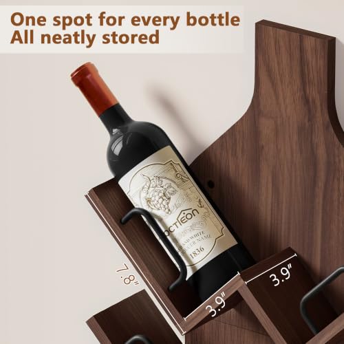 Image of Hoctieon Wine Rack Wall Mounted, 6 Bottles Wood Wine Rack for Display and Storage, Hanging Bottle Holder Bar Shelves for Living Room, Kitchen, Dining Room, Wine Cellar, Walnut
