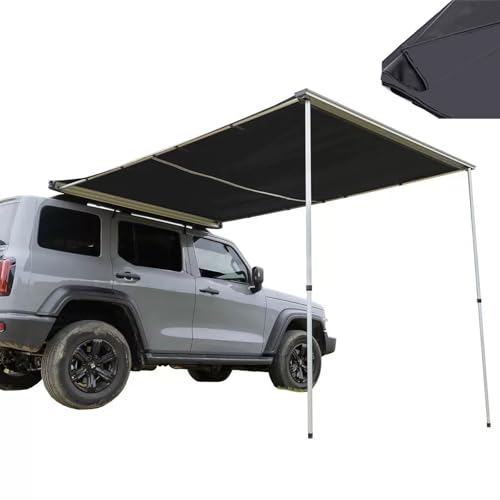 Vehicle Awning Overland Camping, Roof Rack Pull-Out Sun Shade, UV50+ Car Side Awning, PU5000mm, Height Adjustable, Weatherproof Tent for SUV/Truck/Van(Black,200x200cm/6.6x6.6ft)