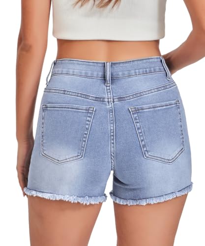 Image of VIPONES Women Mid Rise Jeans Shorts Frayed Raw Hem Summer Stretchy Casual Denim Shorts