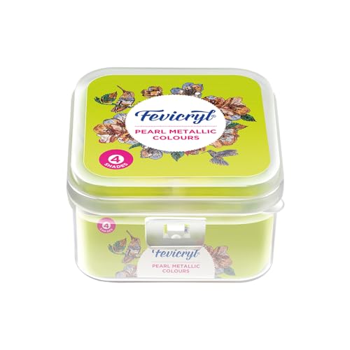 Image of Fevicryl Acrylic Pearl Metallic Colours Kit | 4 Colours x 10 ml | DIY Paint, Rich Pigment | Multicolour & Multi-Surface | Non-Cracking Paint for Canvas, Wood, Leather, Earthenware, Metal