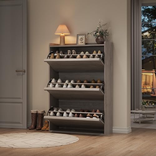 GarveeHome Shoe Cabinet with 3 Flip Drawers, Wooden Shoe Organizer Cabinet with Adjustable Shelf, Shoe Storage for Entryway, Hidden Shoe Cabinet for Hallway, Living Room, Grey