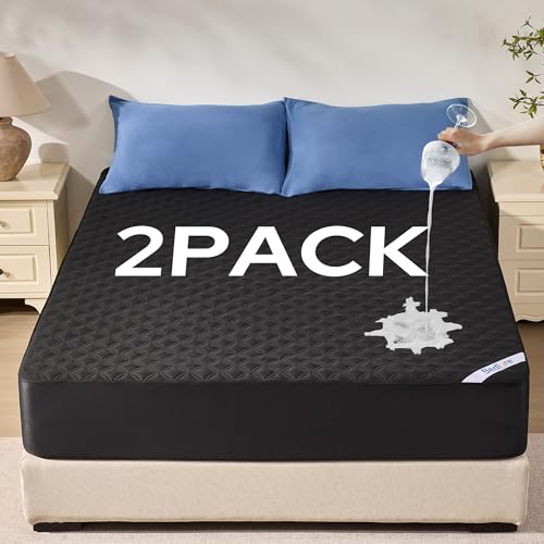 BEDLORE 2 Pack Waterproof Mattress Protector,Full Size Pad Noiseless with Deep Pocket Fitted for 6"-15",Soft Breathable Dirt-Proof Single Bed Mattress Cover Washable for Bedroom,Dorm Room(Bl