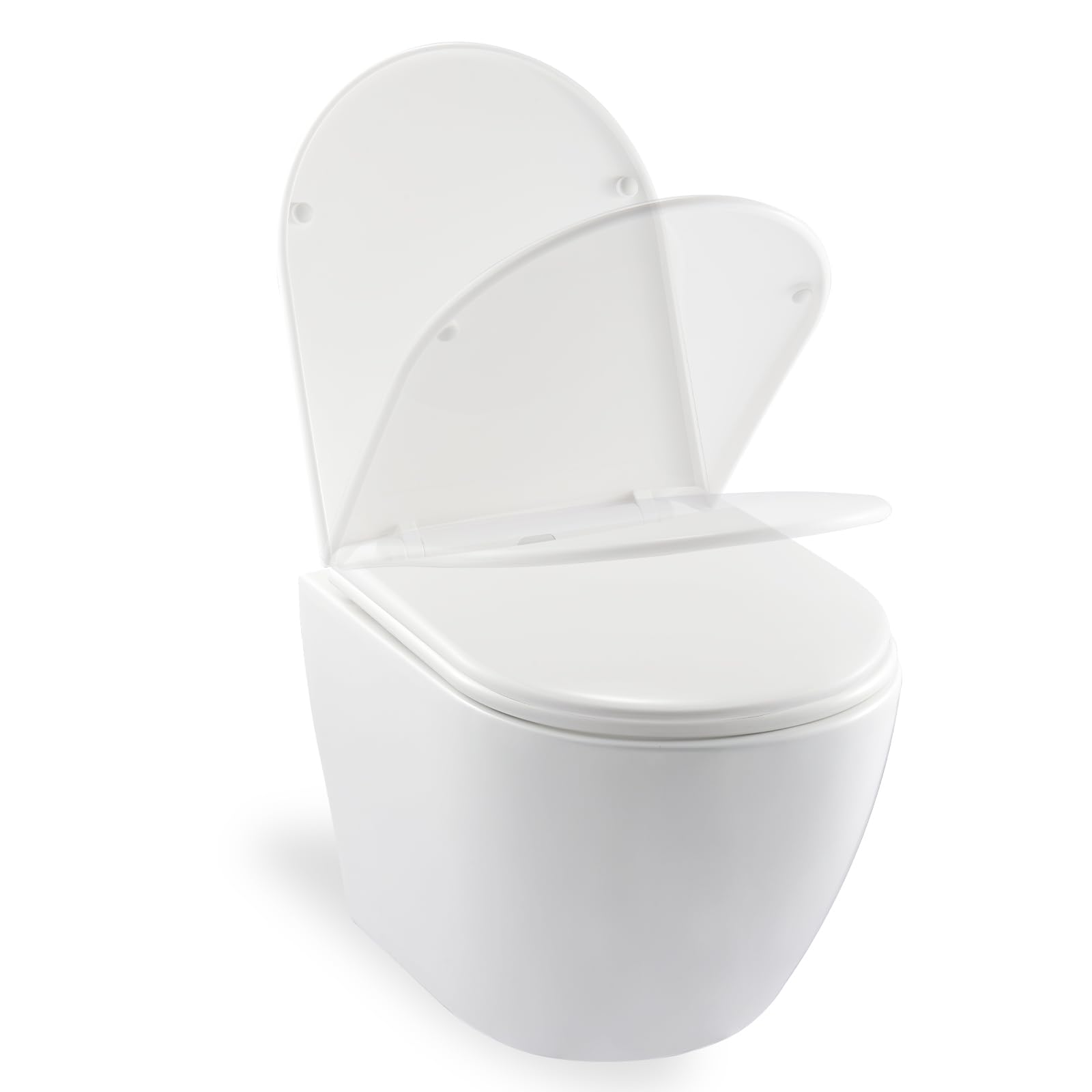 WC Senza Bordi Con Coperchio, Sospeso in Ceramica, Moderno Set a Forma di D (Bianco)