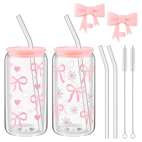 NISHZHU Elegant Iced Coffee Cup with Lid & Straw - 16 oz Bow Glass Mug, Ideal Gift with Decorative Design for Versatile Drinking