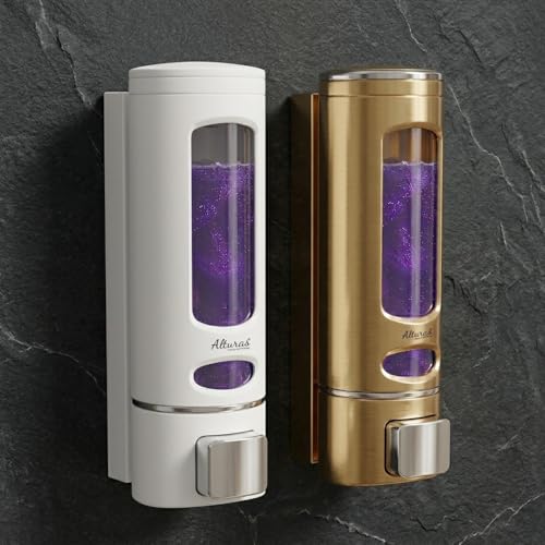Image of ALTURAS Wall Mounted Liquid Soap Dispenser, ABS, 400 ML, for Shampoo, Sanitizer and Gel Handwash Dispenser (400 ML Gold and White)