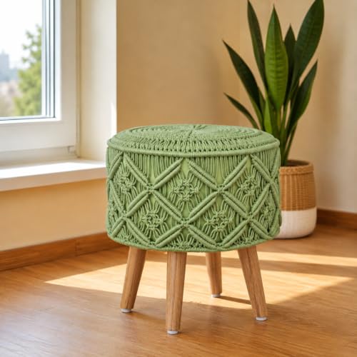 Image of Macrame Ottoman for Living Room | Handcrafted Woven Foot Rest Stool with Solid Wooden Legs | Pouffe for Sitting, Foot Stool for Bedroom & Home Decor | 16x16x18 Inch (Light Green)
