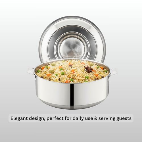 Image of Stainless Steel Hotpot with Lid, 2.5 Liter (20 cm Diameter), Double Wall Insulated, Keeps Food Hot & Fresh, Durable Heavy Duty, Ideal for Rice, Curry, Biryani, Chapati - Silver