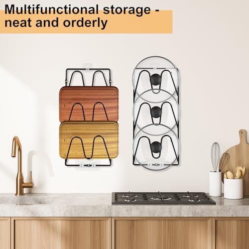 YRYUNRUI 2 Pack 3 Tier Pot Lid Organizer Rack, No Drilling Adhesive Pot Lids Holder, Wall Mounted Pots and Pans Organiser, Metal Pot Lids Holder for Kitchen Storage (Black) - Image 4