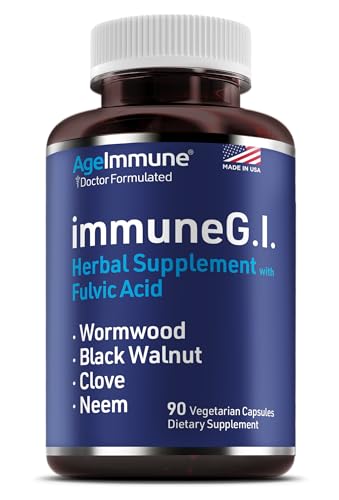 Image of AgeImmune ImmuneG.I. Wormwood Black Walnut Hull 750mg Clove Neem Fulvic Acid | Intestinal Cleanse Formula | Doctor Formulated to Support Gut Health & Detox - No Stearates, No Dioxides - 90 Capsules