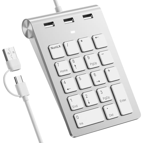 ​​Pavé Numérique Filaire USB-C & USB-A - Mini Pavé Numérique avec 3 Ports USB 2.0, 18 Touches Numpad pour PC Portable/Desktop/iPad, Pavé Numérique USB Compatible Windows/macOS/Chrome OS, Plug & Play​