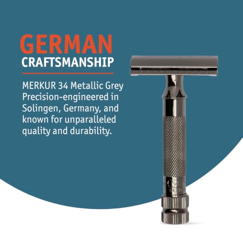 Image of MERKUR 34 2-Piece Double-Edge Safety Razor for Men in Metallic Grey Finish with Standard Handle and Closed Comb - Made in Germany, Plastic-Free