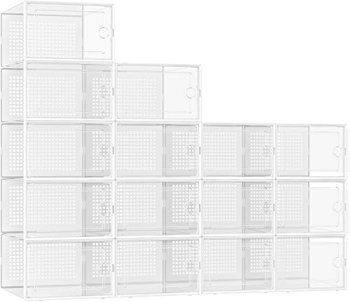 STEUGO Shoe Boxes Clear Plastic 15 Pack Stackable Shoe Storage Boxes Organizers with Lids واضح صناديق الأحذية الرياضية for Women/Men Transparent Shoe Containers for Sneakers Space Saving XXL