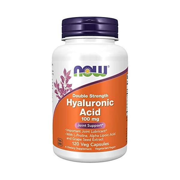 NOW Supplements, Hyaluronic Acid 100 mg, Double Strength with L-Proline, Alpha Lipoic Acid and Grape Seed Extract, 120 Veg Capsules
