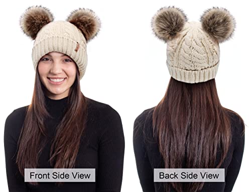 Arctic Paw Pom Pom Beanie Cable Knit Fleece Lined Winter Beanie Women Hat