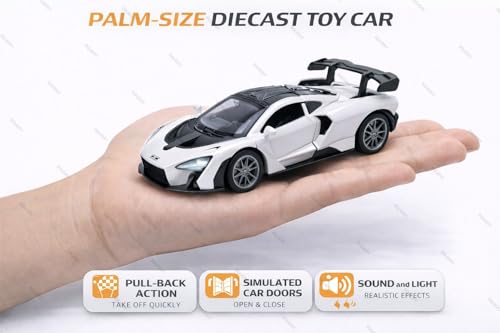Image of Mini McLaren Senna Toy Car Model 1:36 Scale Die-cast Metal Pull Back Vehicle with Openable Doors, Lights & Music, Sports Model for Kids, Boys & Collectors (White)