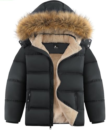 Image of ZITY Boys Winter Coat Heavyweight Puffer Sherpa Fleece Lined Jackter Waterproof Zip Parka Outerwear with Fur Hood Aged 6-15