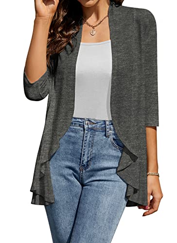 HOCOSIT Womens Casual Open Front Cardigans Lightweight Drape Ruffles 3/4 Sleeve Cardigan S-XXL