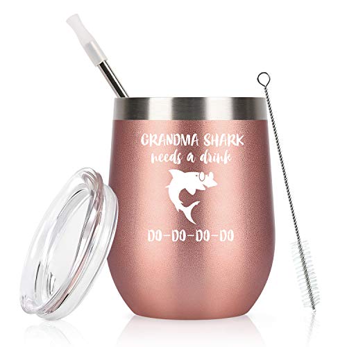 Grandma Shark Needs a Drink Wine Tumbler with Lid and Straw, Funny Insulated