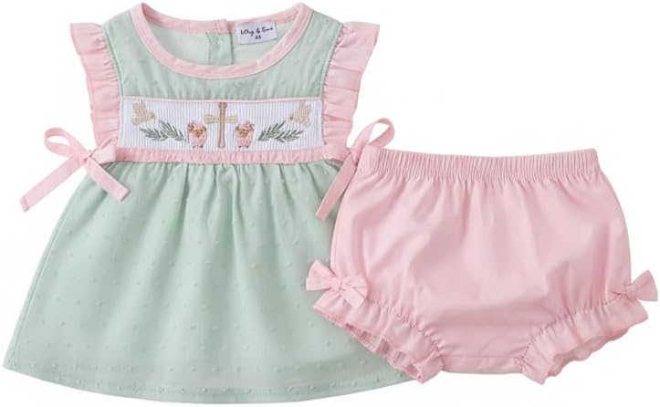 abby&evie Green swiss dot cross sheep ruffle bloomer set