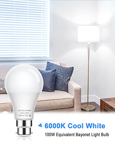 Flaspar Bayonet Light Bulbs, 100W Equivalent B22 LED Bulbs Bayonet, 6000K Cool White - Image 3