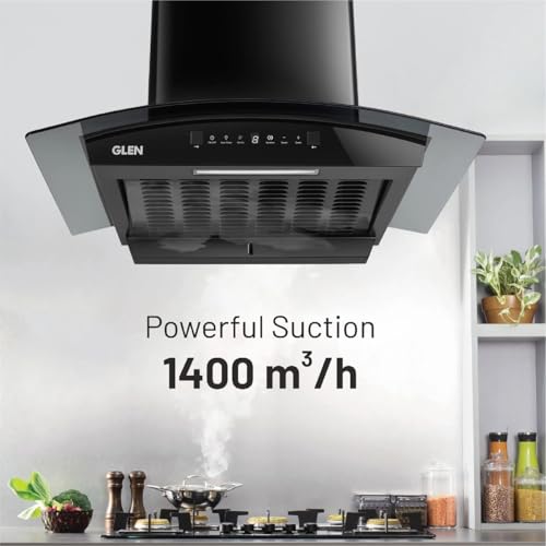 Image of Glen Chimney Auto Clean Curved Glass Chimney for Kitchen with BLDC Motor 90cm 1400 m /h -Black (6071R BLDC BL AC)
