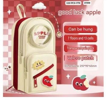 Image of Apple Foodie Cream Pencil Pouch, 7-Layer Multi-Compartment Backpack Style Pencil Case with Visible Display Window & Patch, Large Capacity Organizer