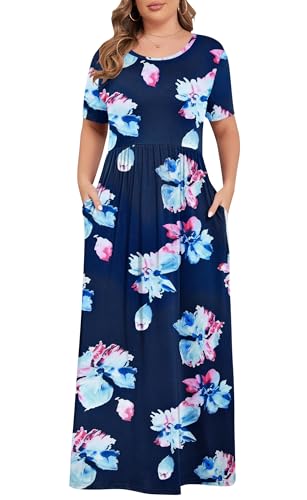 Image of KARALIN Women Plus Size Maxi Dress Short Sleeve Round Neck Loose Fit A-Line | Plus Size Long Dress,Summer Casual Maxi Dresses,Short Sleeve,Side Pockets,Round Neck,Elastic Waist,14 Plus - 26 Plus