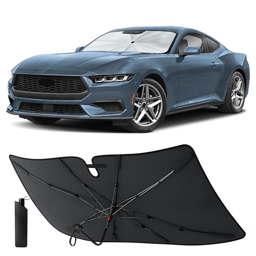 Image of EcoNour Windshield Sun Shade & Window Tint for Ford Mustang 2015-2026 | Foldable Front Windshield Sunshade with 8-Rib Frame | 280T UV Protection Car Sun Visor Heat Shield Interior Protector