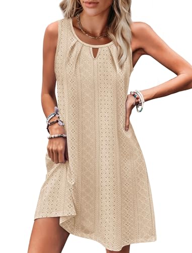 Image of RUMIA Swimsuit Coverup for Women Summer Sleeveless Beach Dress | Crew Neck, Pockets, Eyelet, Boho, Above knee Length, A-Line. Everyday wear, Sundresses, Cruise Wear, Vacation essential