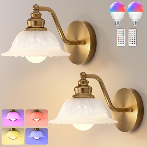 Image of Redluck Battery Operated Wall Sconce with Remote Control, White Glass Wireless Wall sconces Set of Two, Rechargeable Battery Powered Wall Lamp for Bedside Bedroom Living Room Hallway Decor
