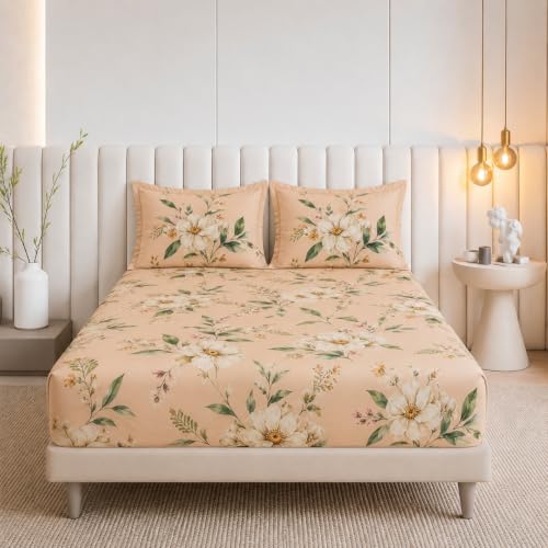 Image of Cotton Feel Glace Cotton Double Bed Fitted Bedsheet Set || Includes 1 Elastic Bedsheet King Size & 2 Pillow Covers (78 x 72 Inches, Botanica)