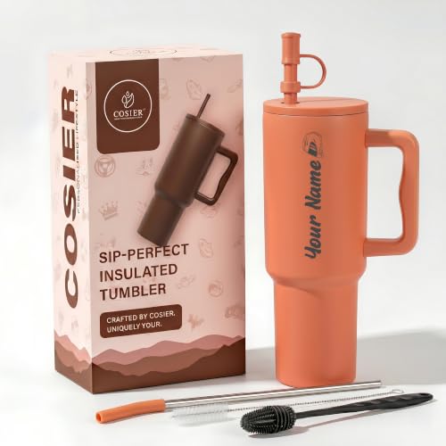 Image of Personalised 1200ml Insulated Stainless Steel Tumbler with Handle and Straw Lid - Large Travel Mug for Coffee & Water, Double Wall Vacuum Cup, Car Cupholder Friendly (Rusty Peach)