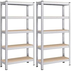 Estanteria 150 Alto SONGMICS Juego de 2, Estantería Pesada de 5 Niveles, Estantería de Acero, Montaje Rápido, para Instrumentos, Garaje, Almacén, Trastero, Carga de 650 kg, 30 x 75 x 150 cm, Plata GLR030E02