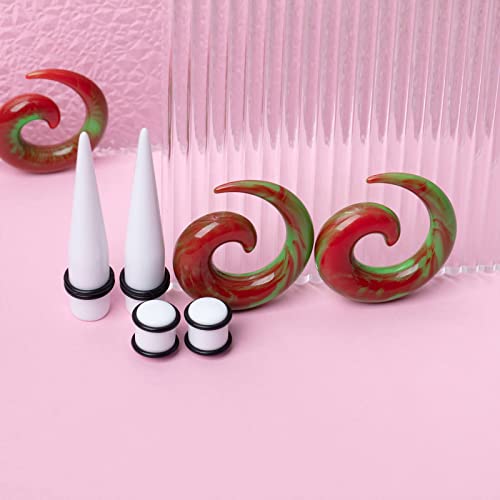 Cabbe Kallo Ear Stretching Kit 50 Pcs 14G-00G Silicone Spiral Tunnels Acrylic Tapers And Plugs Gauges Expander Set Body Piercing Jewelry (Red/Green) #TOP5