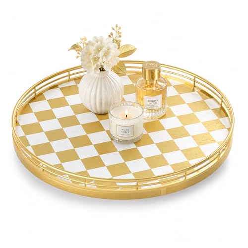 Image of Gold Decorative Lazy Susan Tray, 12 Inch Round Rotating Tray with Metal Rail, Checkerboard Wood Turntable for Coffee Table, Dining Table Centerpiece, Living Room Decor, Candle and Vase Display