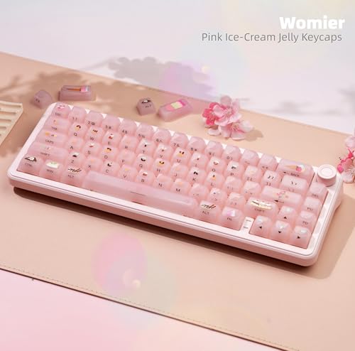 Image of Womier Pink Jelly Keycaps, Ceramic Keycaps Style Clear Keycap | Ice-Cream Cute Transparent Shine Through Custom 60 65 75 Percent for Cherry MX,Gateron Mechanical Keyboards, MDA Profile,Pink