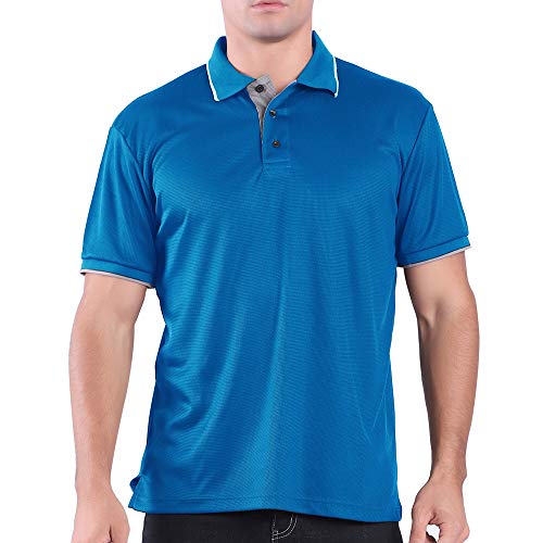 LeeHanTon Quick Golf Polo Shirts for Men Sweat Wicking Summer Slim Fit Button Up Shirts Short Sleeve Casual Active Sport Athletic Clothing Tops Tees(Blue,L)