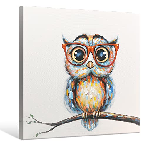 Japo Art Mrs Owl Wall Art Cute Animal Picture Canvas Giclee Print Colorful Owl Portrait Abstract Artwork Framed Stretched Oil Painting For Home Living Room Bedroom Decoration Ready To Hang 24X24 Inch #TOP1