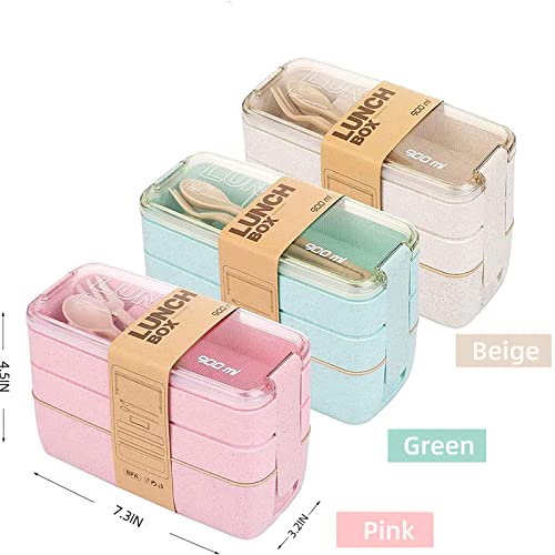 Rarapop 3 Pack Stackable Bento Box Japanese Lunch Box Kit with Spoon & Fork, 3-In-1 Compartment Wheat Straw Meal Prep Containers with Divider for Kids & Adults (Pink & Green & Beige)