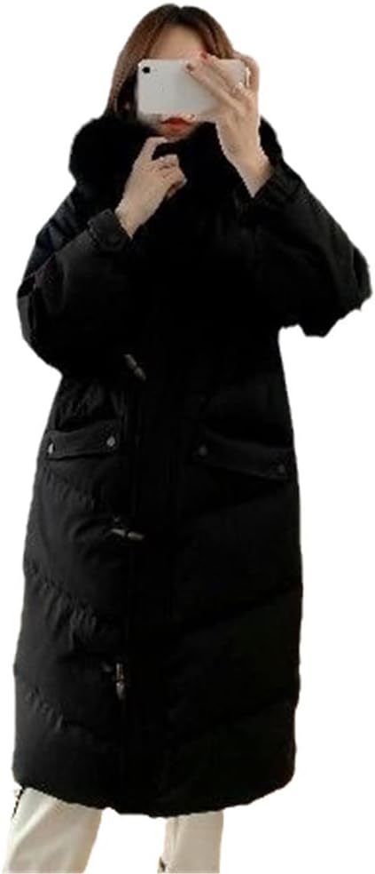 Women White Duck Down Jacket Real Fur Hooded Long Coat Winter Thickened Warm Solid Buckle Zipper Parka