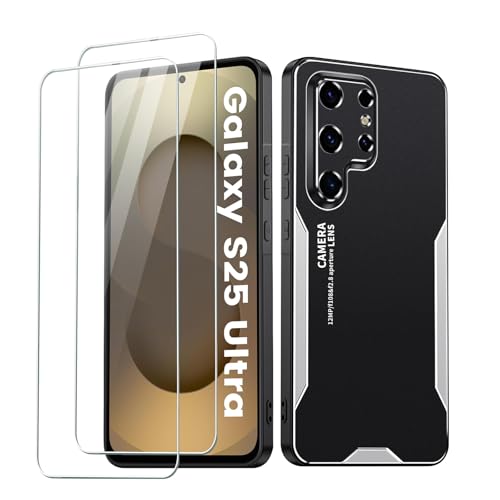 Hülle für Samsung Galaxy S25 Ultra Metal HandyHülle mit 2 Stück Displayschutzfolie,Galaxy S25Ultra Cover 360 Grad Case Militär Schutz S25 Ultra Schutz für Samsung S25ultra Handytasche (Silber)