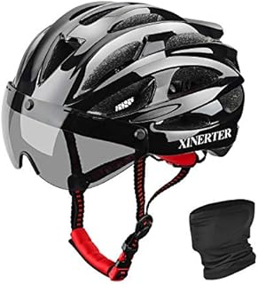 XinerTer Adult Bike Helmet Road Bike Helmet + Detachable Magnetic Goggles + Cycling face mask Replacement Lining Mountain Bicycle Helmets for Men and Women, Adjustable Size 22-24.2 in (Black+mask)