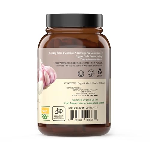 Complete Natural Products Organic Garlic Capsules - 520Mg Capsules 100 Count Vegetarian Pills Supplement thumb #1