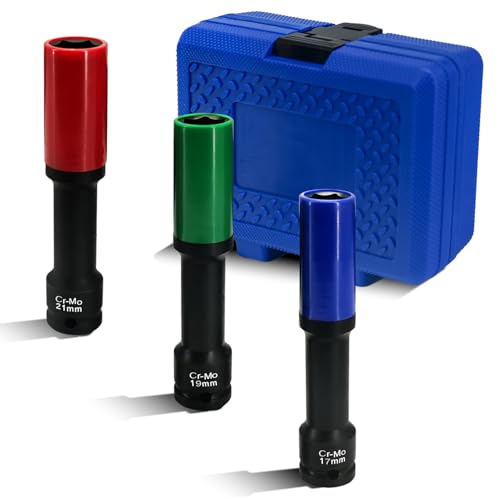Image of 3PCS Lug Nut Socket Set, 1 /2 inch Drive Impact Extra-Long Impact Socke | 17mm, 19mm, 21mm, 6 Point, Non-Marring, Thin Wall, Deep Socket, Wheel Protector, Protective Socket, Color-Coded, Cr-Mo Steel