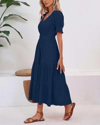 Image of YEXPINE Women's Cotton Tiered Midi Dress Short Sleeve V Neck Elastic Waist Casual Long Flowy Summer Dress